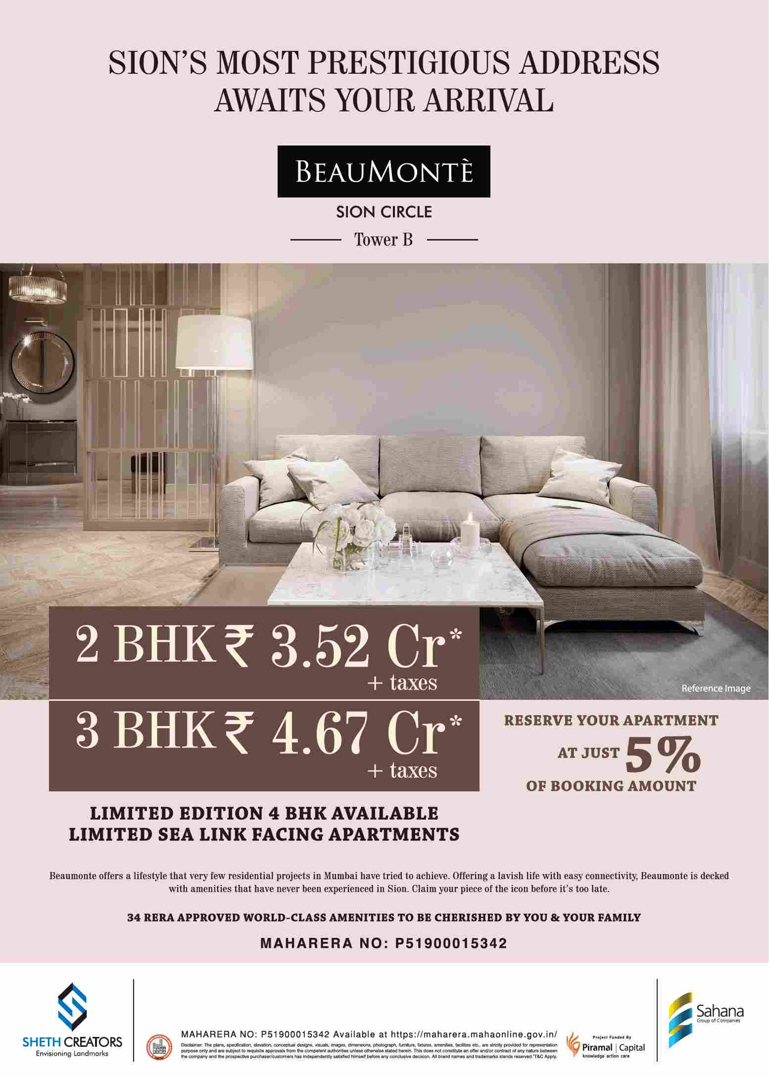 Reserve your apartment at just 5% of booking amount at Sheth Beaumonte in Mumbai Update